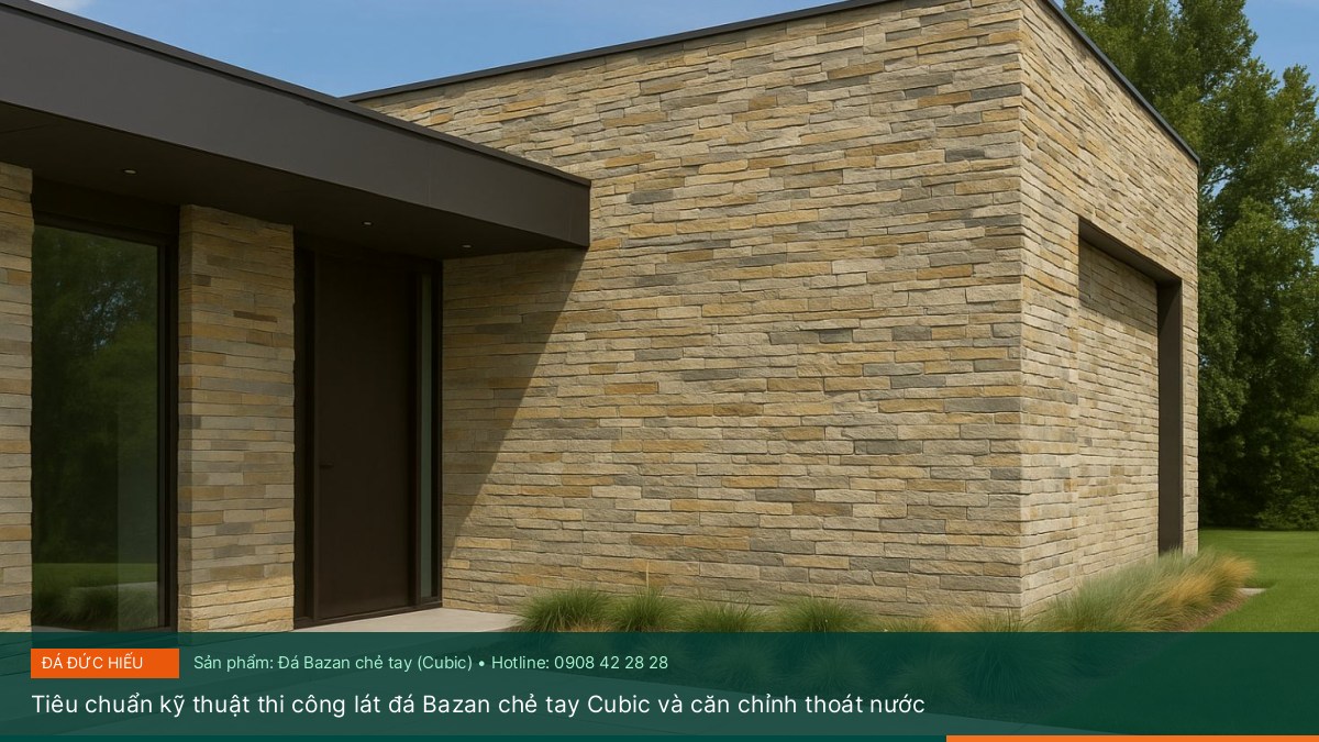 Tiêu chuẩn kỹ thuật thi công lát đá Bazan chẻ tay Cubic và căn chỉnh thoát nước - Xu hướng thiết kế lối đi dạo sân vườn biệt thự tối giản với đá Bazan chẻ tay Cubic